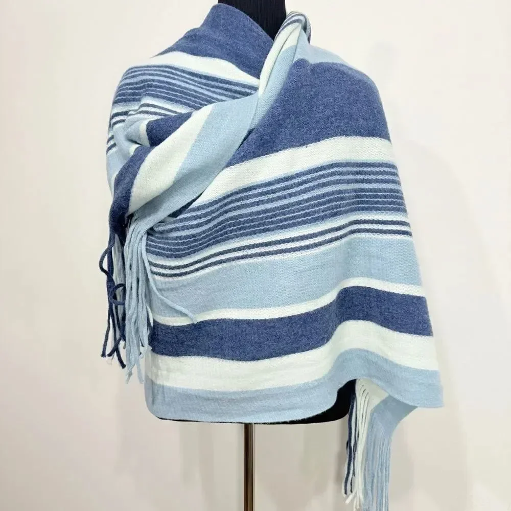 Free People Color Block Blue Stripe Oversized Fringed Edge Scarf Shawl Wrap